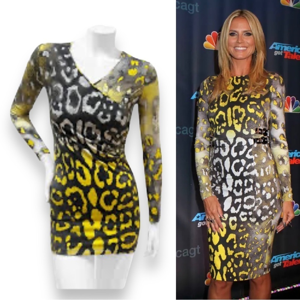 $1545 VERSACE Yellow Black Grey Animal Print Long Sleeve Faux Wrap Mini Dress XS